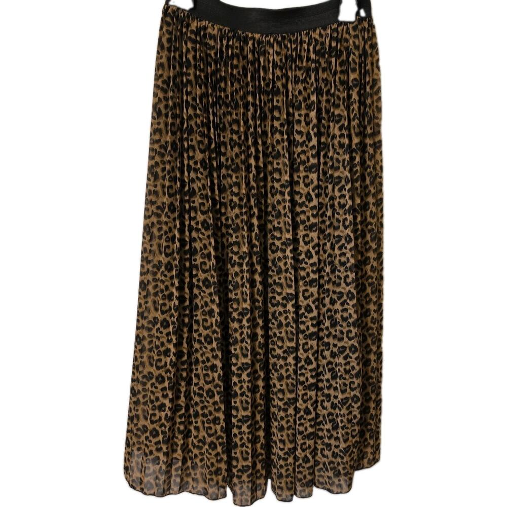 Athena Marie Maxi Leopard Print Pleated Skirt Women's Size Med Elastic Waist